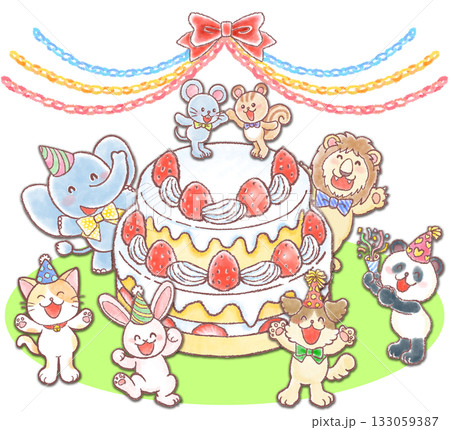 巨大な苺のケーキとかわいい動物達_カラフルチェーンガーランド_入り 巨大な苺のケーキとかわいい動物達_カラフルチェーンガーランド_入り 133059387