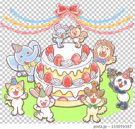 巨大な苺のケーキとかわいい動物達_カラフルチェーンガーランド_入り 巨大な苺のケーキとかわいい動物達_カラフルチェーンガーランド_入り 133059387