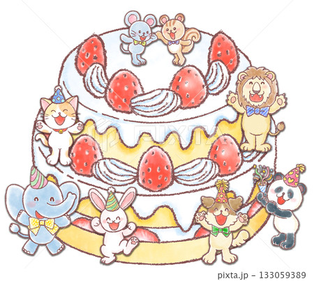 巨大な苺のケーキとかわいい動物達_二段重ねケーキ 133059389