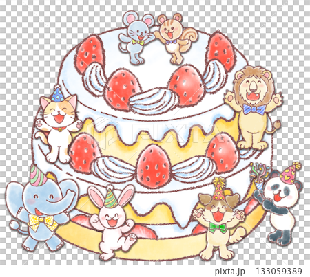 巨大な苺のケーキとかわいい動物達_二段重ねケーキ 133059389