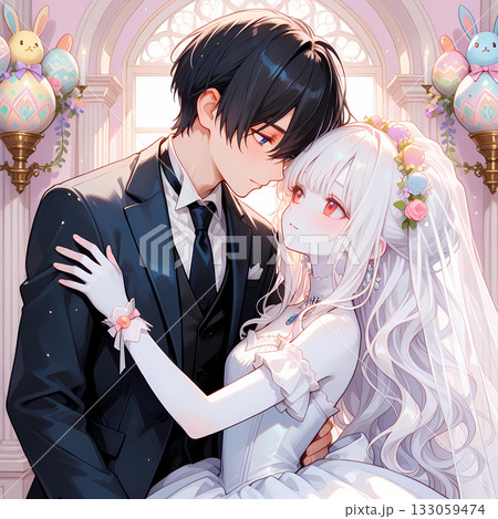 イースターに挙式する新郎新婦。アルビノの少女と碧眼の青年の結婚式。漫画風のAIイラスト 133059474