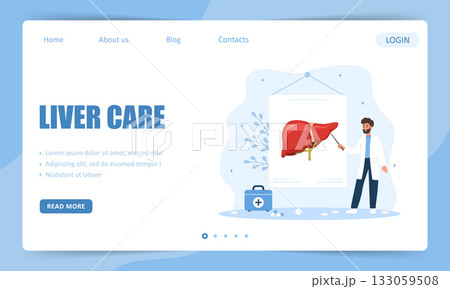 Liver care concept. Landing page template. Diagnosis, therapy options and care for hepatitis, cirrhosis or liver cancer. Vector illustration in flat cartoon style Liver care concept. Landing page template. Diagnosis, therapy options and care for hepatitis, cirrhosis or liver cancer. Vector illustration in flat cartoon style 133059508