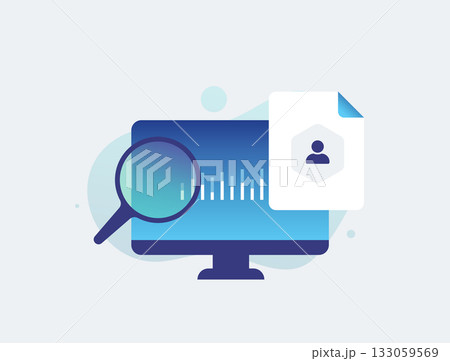 Data analysis and user research concept with magnifying glass and desktop computer screen symbolizing analytics, profile search, information management and digital investigation. Vector illustration 133059569