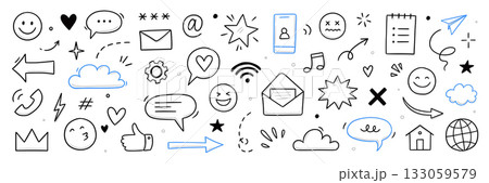 Emoji media hand drawn doodle icon set. Internet conversation, media outline tech emoji, star, arrow shape. Hand drawn sketch chat emoticon, digital cloud, smile face elements. Vector 133059579