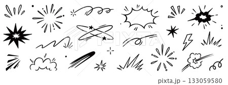 Comic cartoon line explosive effect, speed burst motion element set. Comic boom burst, explosive smoke, line speed cartoon element icon. Hand drawn sketch action boom effect. Vector 133059580