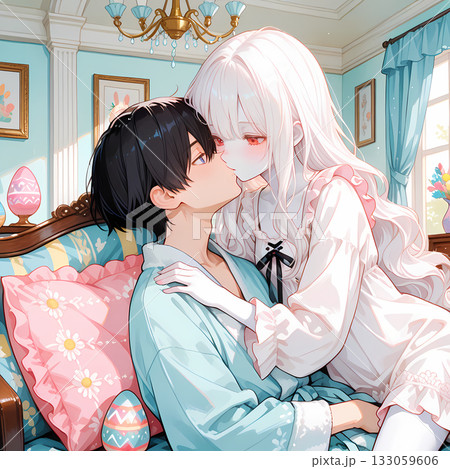 イースターエッグのある昼間の寝室。アルビノの少女と碧眼の青年のイースター。漫画風のAIイラスト イースターエッグのある昼間の寝室。アルビノの少女と碧眼の青年のイースター。漫画風のAIイラスト 133059606