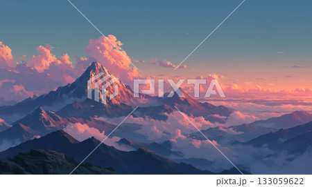 山頂で迎える幻想的な夜明け　茜色の雲が空を染める雄大な大自然のパノラマ風景 133059622