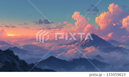 朝焼けに染まる雲と広大な大地を一望できる山頂の絶景　サンライズが生み出す壮大なパノラマ 133059623