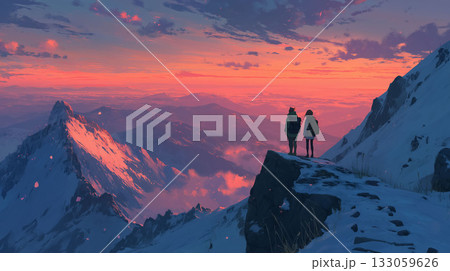 茜色に照らされた雲と広がる大自然の絶景　山頂で迎える壮大なサンライズパノラマ風景 133059626