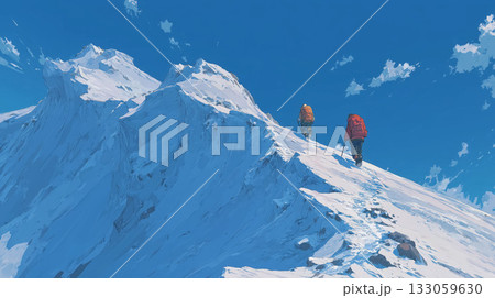 雪化粧した冬の山頂を目指す登山家の姿　凛とした空気と青い空に満ちた静寂の冬山風景 133059630