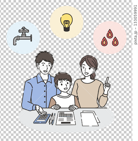 Illustration of a family reviewing utility bills Illustration of a family reviewing utility bills 133059991