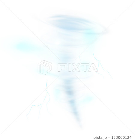 Realistic tornado storm, hurricane wind vortex, vector 3D cyclone twister storm with lightning bolt, air vortex funnel 133060124