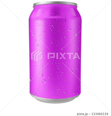Aluminum drink can, vector realistic blank lilac wet metallic tin can drink beer, soda, water, juice package water drops 133060139