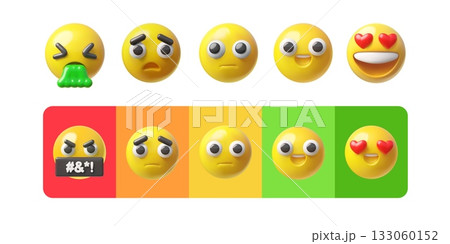 A set of yellow 3D emoji with various emotions, isolated and on bright backgrounds. 133060152