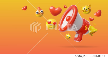 Realistic megaphone, fire, cat, heart and smiley emoji 3D cartoon plastic style, loudspeaker for marketing vector design 133060154