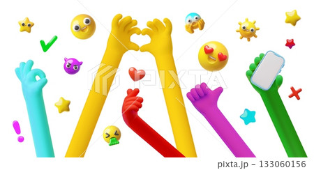 Colorful hands gestures with emoji emoticons 3D vector background, hand with smartphone, heart shape gesture, thumbs up Colorful hands gestures with emoji emoticons 3D vector background, hand with smartphone, heart shape gesture, thumbs up 133060156