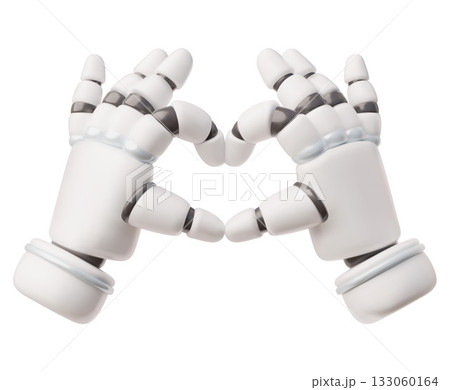 3D robotic hands icon showing a heart, gesture, emoji, support, care, connection. 3D robotic hands icon showing a heart, gesture, emoji, support, care, connection. 133060164