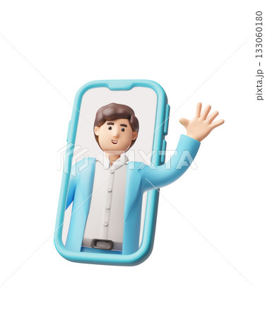 Man waves his hand, greets in smartphone screen, 3D vector online consultant, assistant, customer support service 133060180
