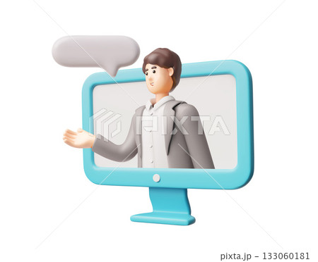 Man in computer screen, speech bubble, 3D vector cartoon online consultant, business assistant, customer support service 133060181