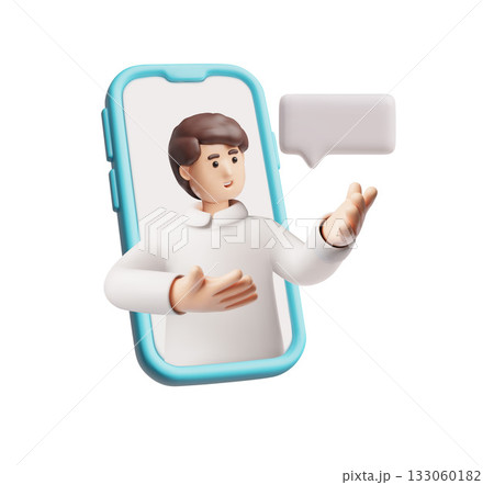 Man in smartphone screen, speech bubble, 3D vector online consultant, business assistant, customer support service 133060182