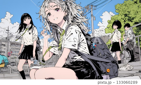 制服姿の女子高生：友達と通学