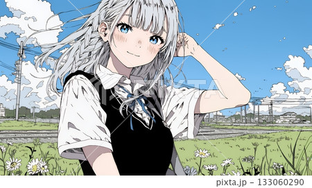 制服姿の女子高生：田舎道を通学