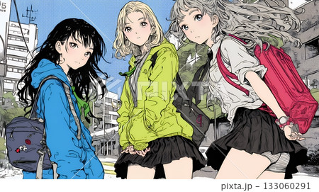 制服姿の女子高生：友達と通学