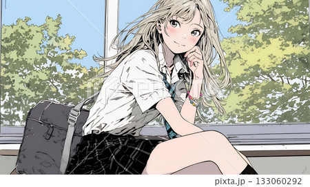 制服姿の女子高生:学校の窓辺にいる 制服姿の女子高生:学校の窓辺にいる 133060292