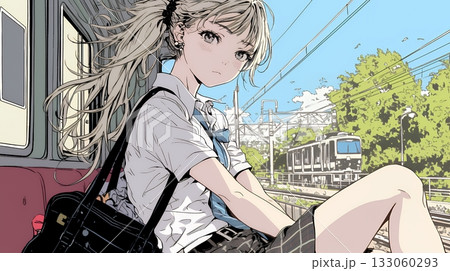 制服姿の女子高生：駅で電車待ち 133060293