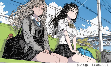 制服姿の女子高生：友達と駅で電車待ち 133060294