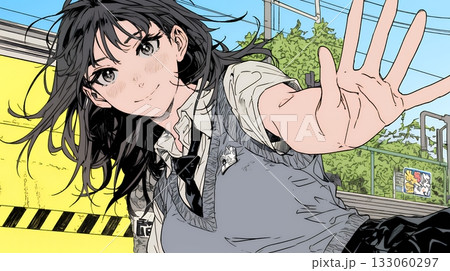 制服姿の女子高生：手を振って挨拶している 133060297