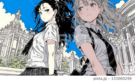 制服姿の女子高生：友達と通学