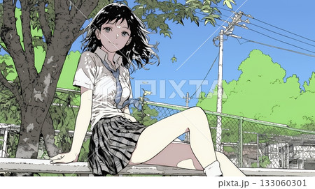 制服姿の女子高生：学校のグラウンドのベンチに腰掛けている