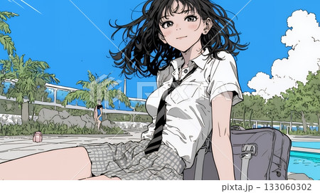 制服姿の女子高生：通学。公園の水辺で休憩。