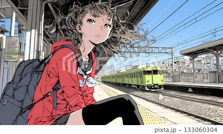 制服姿の女子高生：鉄道のプラットフォームで電車待ち