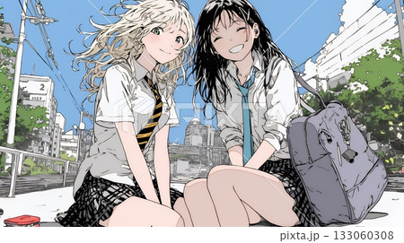 制服姿の女子高生：友達と通学