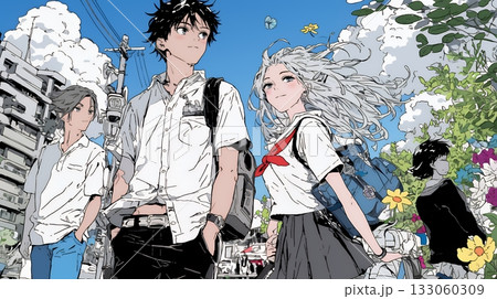 制服姿の女子高生：仲間と通学