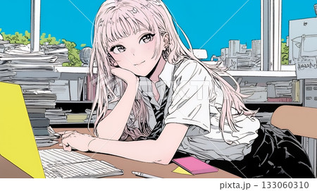 制服姿の女子高生：自宅でPC操作