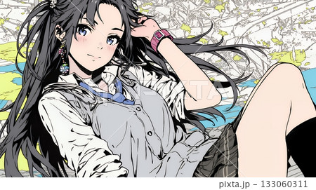 制服姿の女子高生：まったりとくつろいでいる