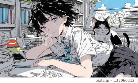 制服姿の女子高生：自宅で勉強中