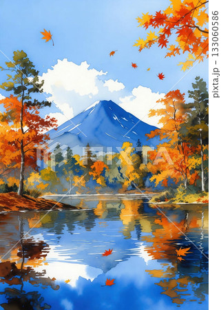 富士山と紅葉している木々が写る湖 133060586