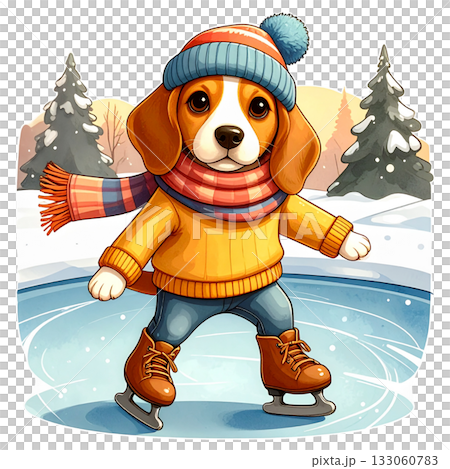 スケートリンクでスケートを楽しむビーグルの冬の水彩風イラスト1／チラシやポスター用素材 133060783