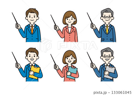 指示棒を持って説明する、様々な世代の男性と女性の上半身ベクターイラスト素材セット_カラー 指示棒を持って説明する、様々な世代の男性と女性の上半身ベクターイラスト素材セット_カラー 133061045