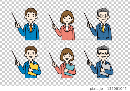 指示棒を持って説明する、様々な世代の男性と女性の上半身ベクターイラスト素材セット_カラー 指示棒を持って説明する、様々な世代の男性と女性の上半身ベクターイラスト素材セット_カラー 133061045