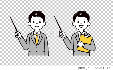 A set of upper body vector illustrations of a young man in a suit introducing himself with a pointer A set of upper body vector illustrations of a young man in a suit introducing himself with a pointer 133061047