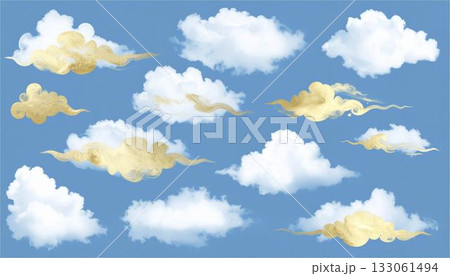 金色の筆書きの雲のイラスト素材セット　飾り　装飾　和風　デザイン　 133061494