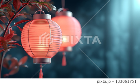 Elegant Red Lanterns with Soft Glow in Serene Dark Interior Setting for Festive Atmosphere 133061751