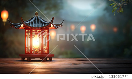 Traditional Chinese Lantern Glowing Beautifully in Serene Evening Garden Setting 133061774