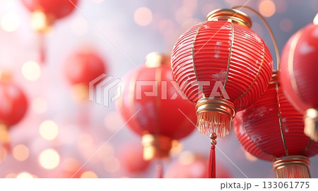 Vibrant red lanterns hanging against a soft bokeh background, symbolizing celebration and culture Vibrant red lanterns hanging against a soft bokeh background, symbolizing celebration and culture 133061775