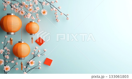 Beautiful Floral Arrangement with Orange Lanterns and Cherry Blossom Branches on Blue Background 133061803